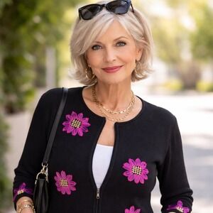 Vtg Y2K Joseph A‎ Sweater Cardigan Womens S 90s Black Pink Ribbon Flowers